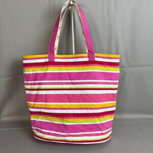 Preppy Punctuate Stripe Canvas Tote Bag Pink Flamingo Lining Beach Bag Whimsical
